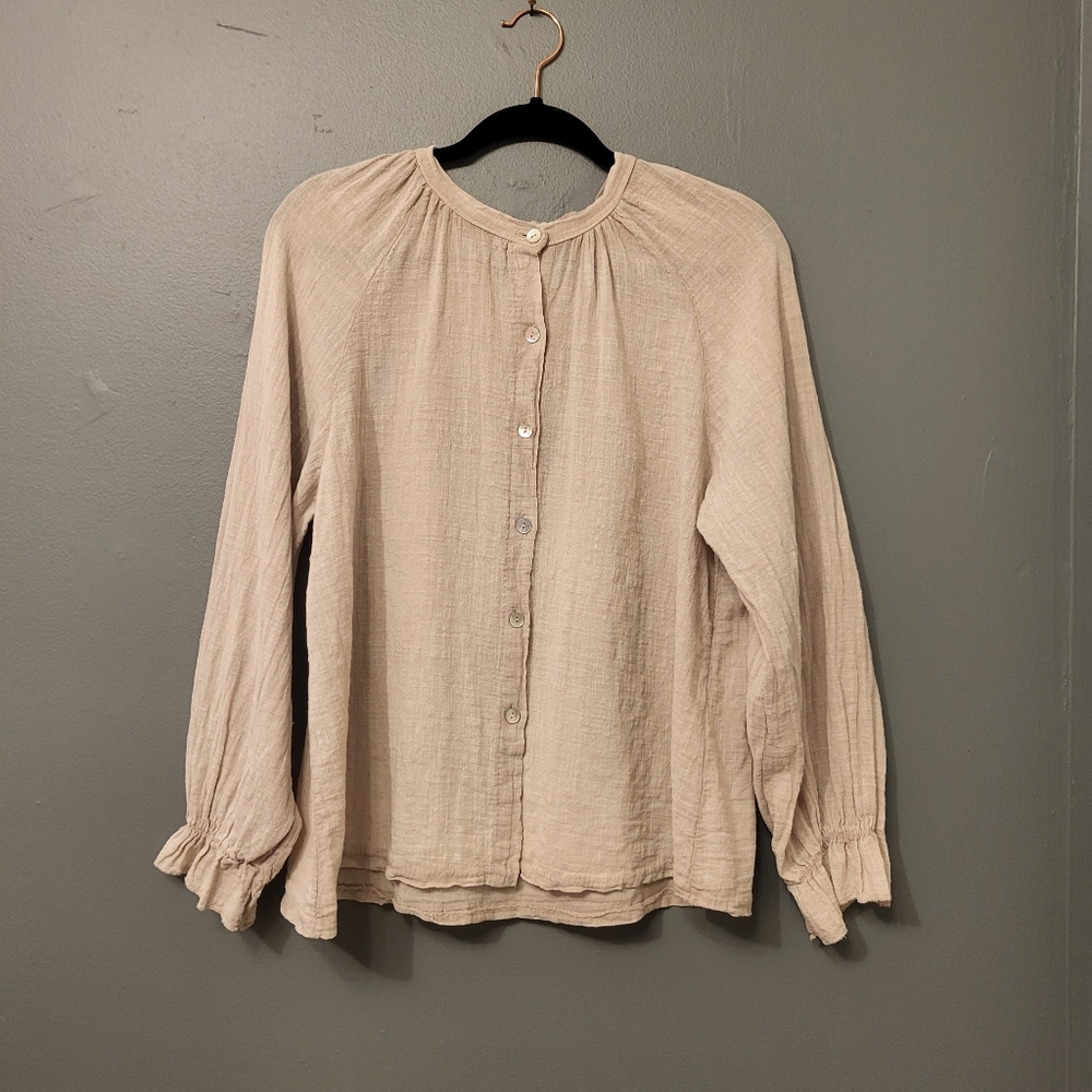 Women's Venti6 LINEN & Abalone SHELL Top Button-up GYPSY Blouse Bell Sleeves  S